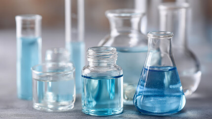 Assorted laboratory glassware with blue liquid in flask and beakers