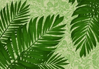 Green Palm Leaves on Light Green Textured Background Illustration