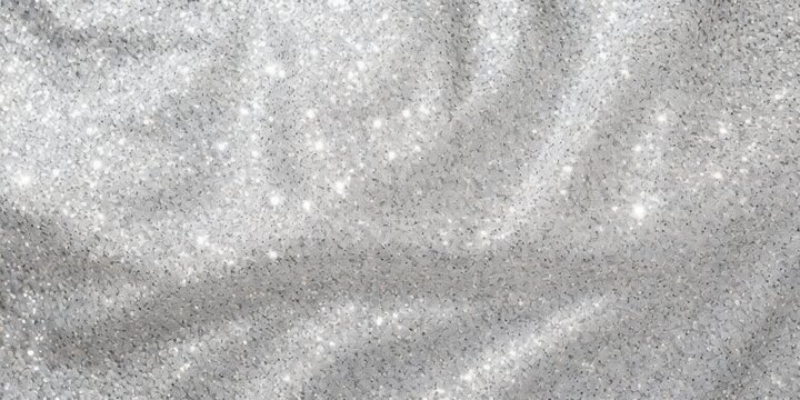 A silver and black sequined fabric with a glittery texture, draped and draped, with a white background and a few scattered sparkles.