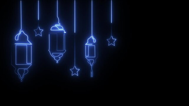 Neon glowing One continuous line of Ramadan kareem. Islamic decoration with lanter and star in simple linear style. muslim religious holiday celebration. Editable stroke.