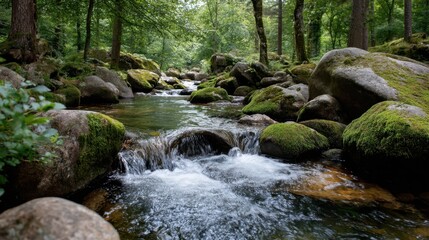 Obraz premium Tranquil forest stream with moss-covered rocks and lush greenery