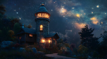 Magical telescope cottage: star-gazing tower, constellation garden, comet chasers. Cosmic twilight.