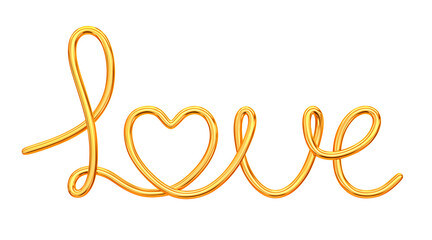 Golden wavy line of the word Love isolated on white background. Clipping path included