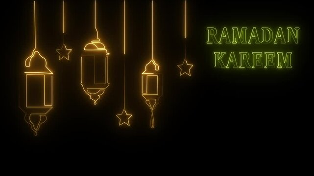 Neon glowing One continuous line of Ramadan kareem. Islamic decoration with lanter and star in simple linear style. muslim religious holiday celebration. Editable stroke.