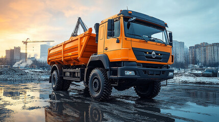 Orange dump truck on a construction site with puddles reflecting the sky.
