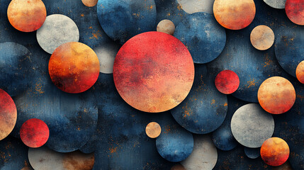 Abstract background with layered circles in various colors, textured, and painted.