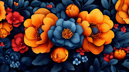 Vibrant floral bouquet design with orange, blue, and red flowers on dark background.