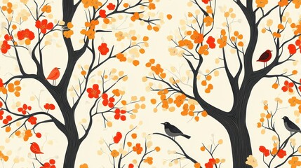 Fototapeta premium Autumnal Tree with Birds and Blossoms: A Serene Illustration