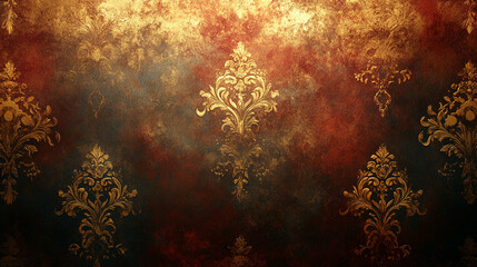 Ornate, textured, vintage wallpaper with gold damask patterns on a dark background.