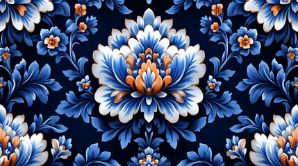 Ornate floral damask pattern in rich blue, white, and orange colors on a dark background.