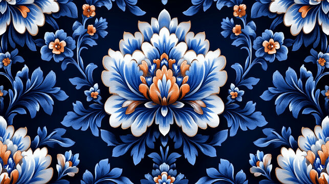 Ornate floral damask pattern in rich blue, white, and orange colors on a dark background.