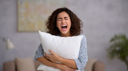 Woman expressing frustration while holding a pillow in a cozy indoor setting during the day