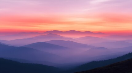 Obraz premium Pink and orange sunset casts a serene glow over foggy mountains, creating a breathtaking view that evokes tranquility and wonder