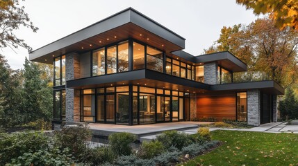 Fototapeta premium Modern two-story glass house surrounded by autumn foliage