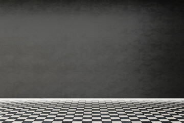 Spacious room features a checkerboard floor and a dark gray wall, providing a blank canvas for future design elements and furniture arrangement to create a personalized space