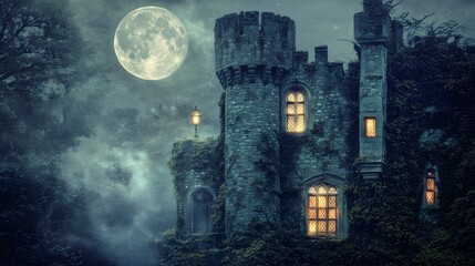 A full moon casting a mystical light over a towering medieval castle surrounded by mist and ivy-covered walls with glowing lanterns in the windows
