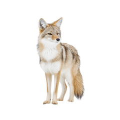 Fototapeta premium A coyote stands alert on a white background, looking to its right side.