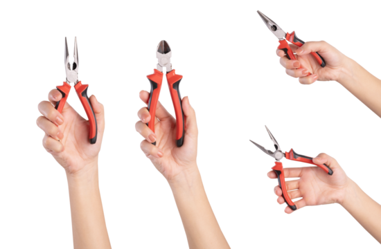 Hand holding pliers on white background