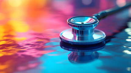 Colorful reflection of a medical stethoscope on a glossy surface.