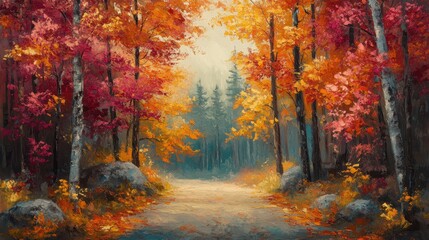 Autumnal Forest Path Vibrant Red And Yellow Leaves, Soft Lighting