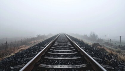 A misty railway track stretches into the distance disappearing into the fog