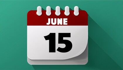 Illustration of paper calendar with date 15 June. Day and month for birthday, anniversary or appointment