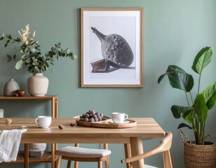 Stylish scandinavian dining room interior with mock up poster frame, wooden table, furniture, cup of coffee, plant , cement fruits, nuts and elegant accessories. Template. Modern home decor. 