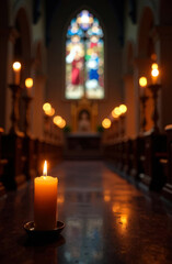 Burning Candles With Glittering Glowing lights on background  of blurred colorful stained glass windows ancient Church. Copy space for text.