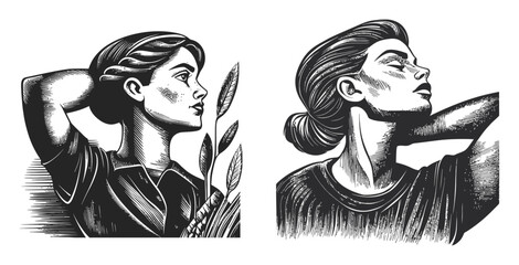 Elegant Black and White Portrait Illustrations of Women in Profile