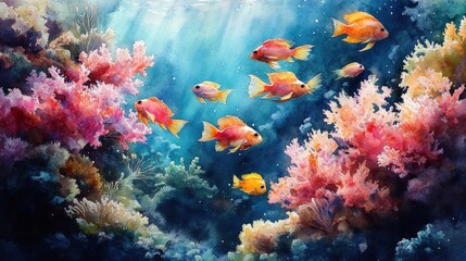 Obraz premium Vibrant coral reef teeming with colorful fish. Sunlight streams through the water, illuminating the vibrant ecosystem