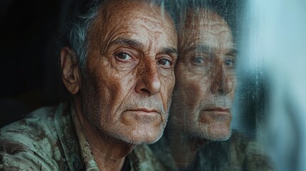 An elderly man in a faded shirt, looking at his reflection that mirrors a confident young adult.
