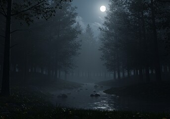 Illustration: Misty Forest River Under Moonlight