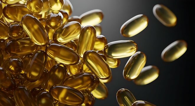 Close-up view of a pile of amber yellow softgel capsules, possibly vitamin d or fish oil supplements, on a dark gray background for health and wellness content.