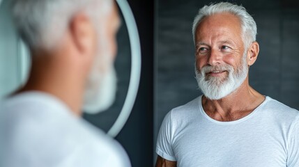 Fototapeta premium An elderly man, surprised, watches his younger self smiling back from the mirror.