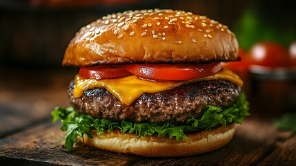 Delicious cheese burger on wooden cutting board.
