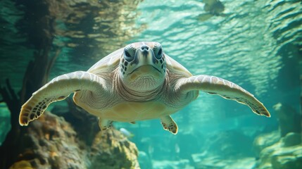 Fototapeta premium Sea turtle swimming in an aquarium.