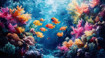 Vibrant coral reef teeming with colorful fish. Underwater scene
