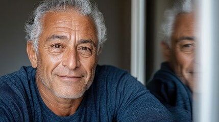 An elderly man watches his younger self in the mirror, smiling back with the energy of youth.