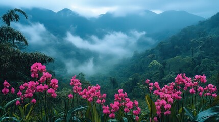 Fototapeta premium Pink flowers in jungle view with misty hills and cloudy skies. Ideal background for travel, nature, or inspirational designs.
