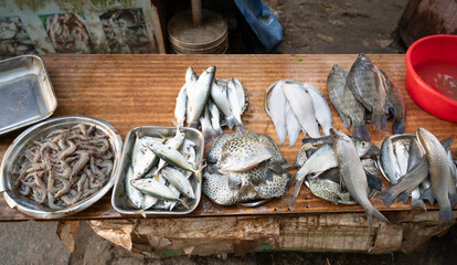 Fish market in Kochi India, market stall with freshly caught seafood, fishing industry at the Arabian Sea