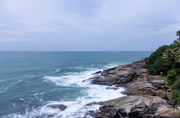 Beach landscape, Beautiful arial view of beach with sea waves and coconut trees. Nature scenery. 