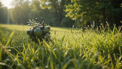Surreal Green Machine in Grassy Meadow, Bathed in Sunlight