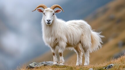 Obraz premium White goat with long, fluffy coat and large horns stands on a hill
