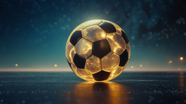 A football or soccer ball set against a dark, starry background - Powered by Adobe