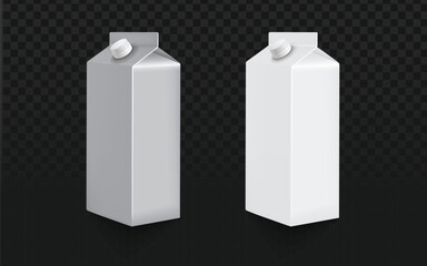 Realistic vector graphic of white milk or juice cartons with caps. Isolated beverage packaging objects perfect for dairy, drink, or mockup design projects. Transparent background.