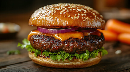 Close-up view of a mouthwatering cheeseburger on a wooden surface.