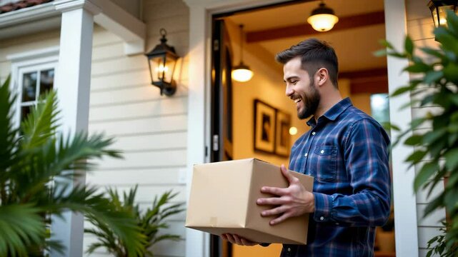 A smiling man stands at his front door, happily receiving a package delivery outside his house.