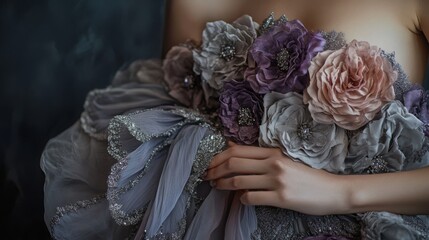 Elegant Gown with Lavender Floral Embellishments and Ruffled Tulle