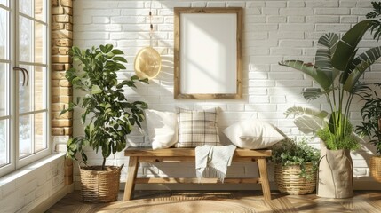 Cozy home interior with plants, bench, pillows, and blank frame on white brick wall. Template