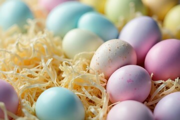 Obraz premium Close-up shot of vibrant pastel-colored Easter eggs , bright, Easter basket, ombre